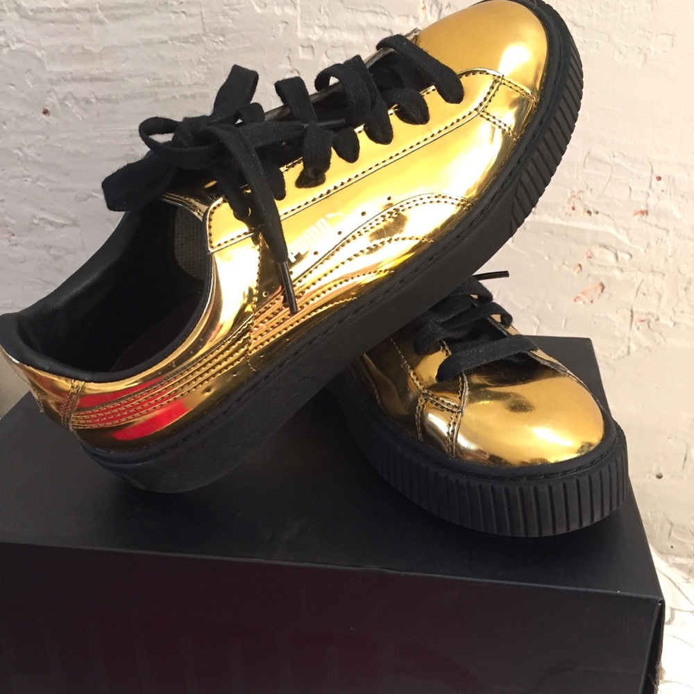 Puma metallic gold basket platform shoes
